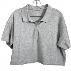 Aerie OFFLINE Women’s Gray Cropped Polo Shirt Raw Hem Oversized Medium
